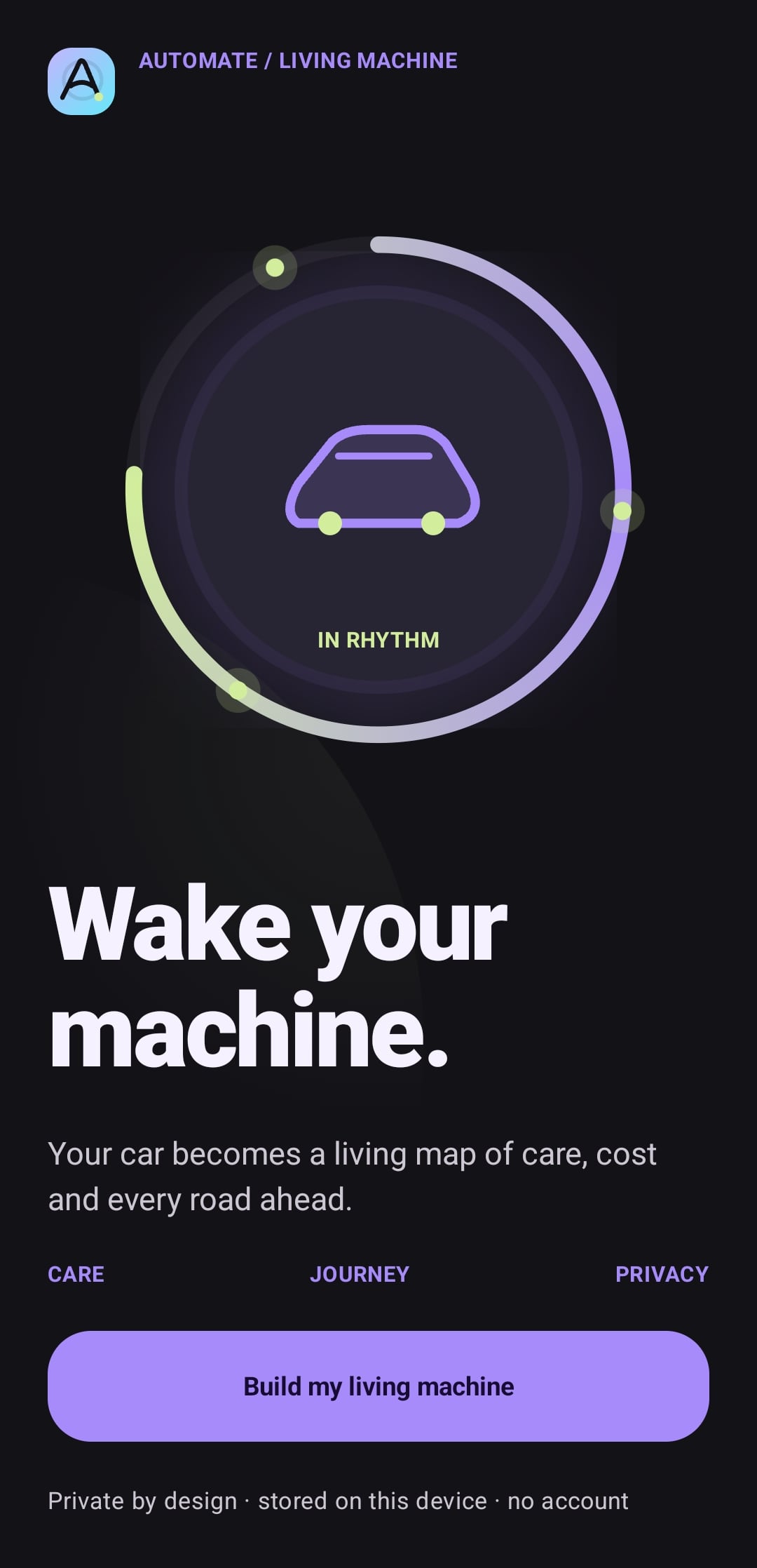 AutoMate native Android vehicle care and ownership app, screen 1